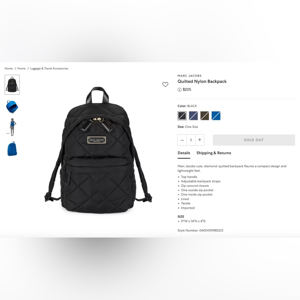 Marc Jacobs Quilted Nylon Backpack - Black NWT never worn